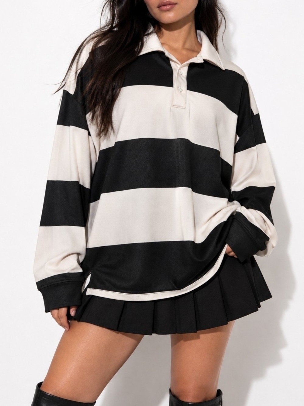 Striped Rugby Polo Sweater - Black & Cream Mens Size Lg